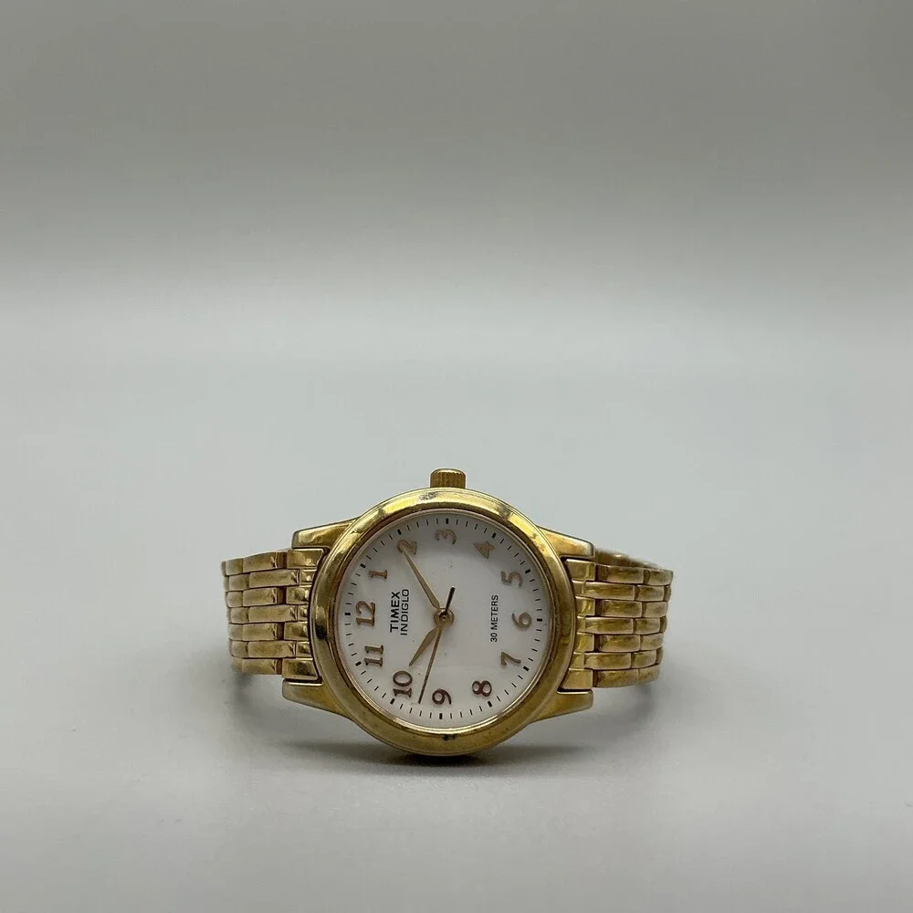 Timex Indiglo 30 Meters Womens Watch 25mm White Dial Gold Tone New Battery 6